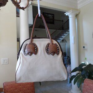 Alaia Beige Canvas & Snake Skin Tote Bag w/Studding Detail